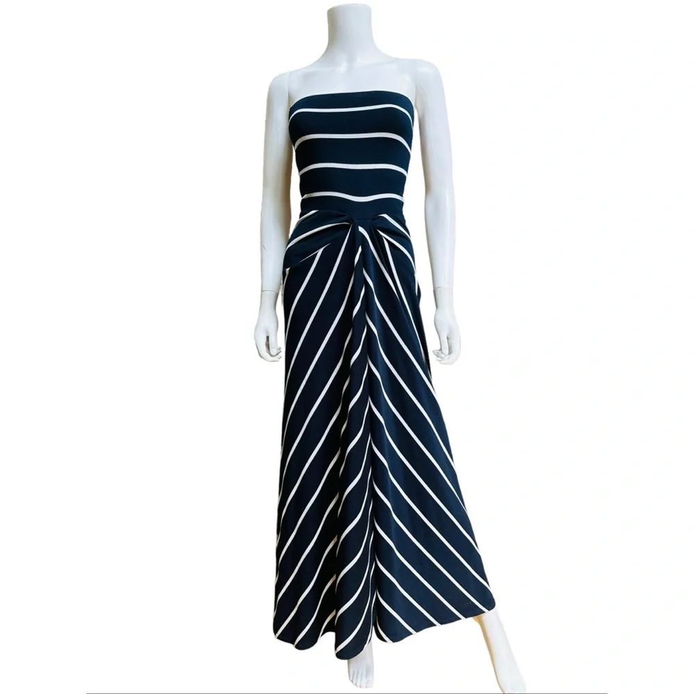 Navy and White Vintage Striped Strapless Maxi A-line Dress, S - Picture 1 of 7